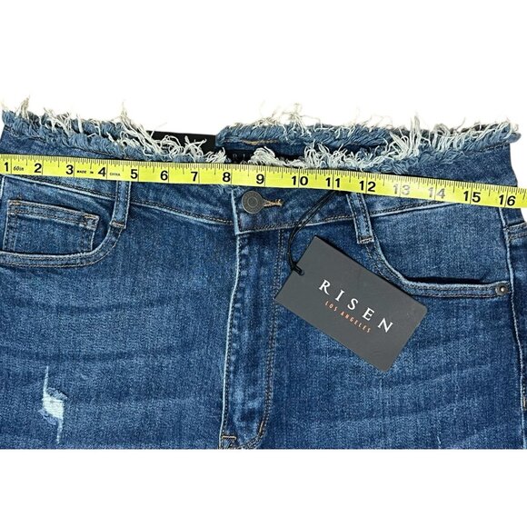 Risen Women Jeans RAW EDGE WAIST W FRAYED HEM FLARE Blue Distressed 32/15 NWT - Picture 7 of 16